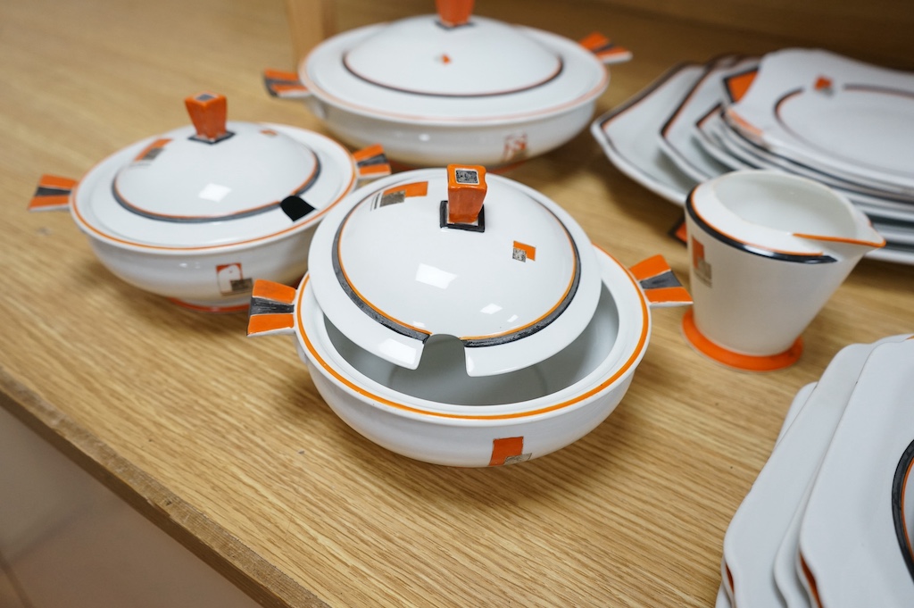 A Shelley ‘Vogue’ orange comprehensive dinner service. Largest platter 44cm wide. Condition - some enamelling worn or missing